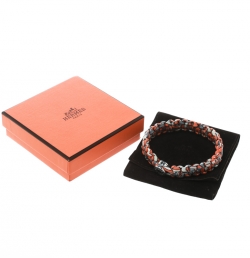Pre Owned Hermes Kid Silk Orange Multiprint Braided Cord Toggle Bracelet