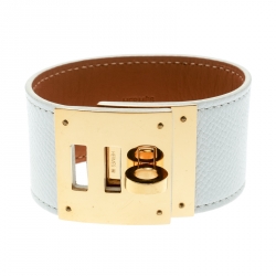 Pre Owned Hermes Kelly Dog White Leather Gold Plated Wide Bracelet