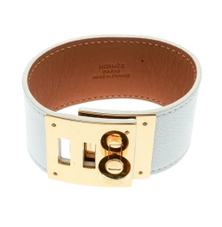 Pre Owned Hermes Kelly Dog White Leather Gold Plated Wide Bracelet