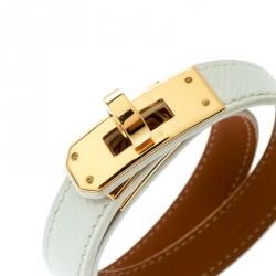 Pre Owned Hermes Kelly Double Tour White Leather Gold Plated Wrap Bracelet