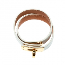 Pre Owned Hermes Kelly Double Tour White Leather Gold Plated Wrap Bracelet