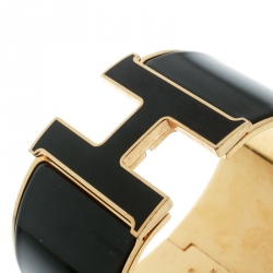 Pre Owned Hermes Clic Clac H Black Enamel Gold Plated Extra Wide Bracelet GM