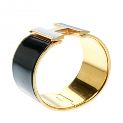 Pre Owned Hermes Clic Clac H Black Enamel Gold Plated Extra Wide Bracelet GM
