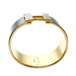 Pre Owned Hermes Clic Clac H Black Enamel Gold Plated Extra Wide Bracelet GM