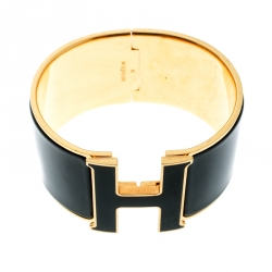 Pre Owned Hermes Clic Clac H Black Enamel Gold Plated Extra Wide Bracelet GM