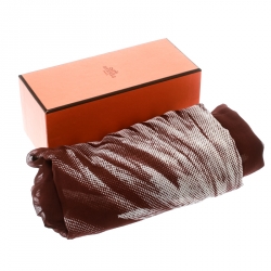 Pre Owned Hermes Brown and White Floral Print Silk Chiffon Square Scarf