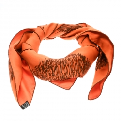 Pre Owned Hermes Orange Silk Grass Printed Scarf