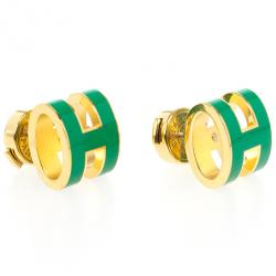 Pre Owned Hermes Pop H Green Lacquer Earrings