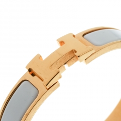Pre Owned Hermes Clic Clac H White Enamel Gold Plated Narrow Bracelet PM