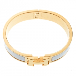 Pre Owned Hermes Clic Clac H White Enamel Gold Plated Narrow Bracelet PM