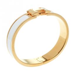 Pre Owned Hermes Clic Clac H White Enamel Gold Plated Narrow Bracelet PM