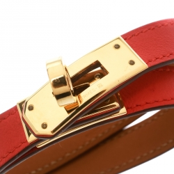 Pre Owned Hermes Kelly Double Tour Orange Leather Gold Plated Wrap Bracelet M