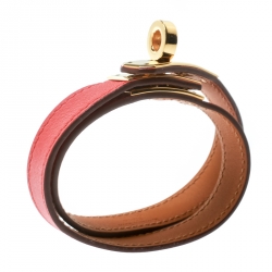 Pre Owned Hermes Kelly Double Tour Orange Leather Gold Plated Wrap Bracelet M