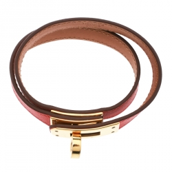 Pre Owned Hermes Kelly Double Tour Orange Leather Gold Plated Wrap Bracelet M