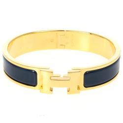 Pre Owned Hermes Clic Clac H Bleu Nuit Enamel Gold Plated Bracelet