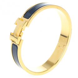 Pre Owned Hermes Clic Clac H Bleu Nuit Enamel Gold Plated Bracelet