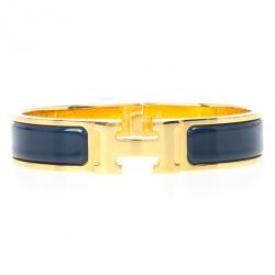 Pre Owned Hermes Clic Clac H Bleu Nuit Enamel Gold Plated Bracelet