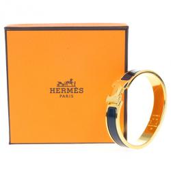 Pre Owned Hermes Clic Clac H Bleu Nuit Enamel Gold Plated Bracelet