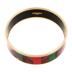 Pre Owned Hermes Perspective Cavaliere Multicolor Enamel Gold Plated Wide Bangle Bracelet