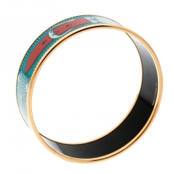 Pre Owned Hermes Blue Belt Motif Enamel Gold Plated Wide Bangle Bracelet