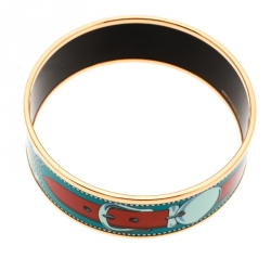 Pre Owned Hermes Blue Belt Motif Enamel Gold Plated Wide Bangle Bracelet
