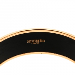 Pre Owned Hermes Blue Belt Motif Enamel Gold Plated Wide Bangle Bracelet