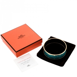Pre Owned Hermes Blue Belt Motif Enamel Gold Plated Wide Bangle Bracelet