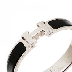 Pre Owned Hermes Clic Clac H Black Enamel Palladium Plated Narrow Bracelet PM