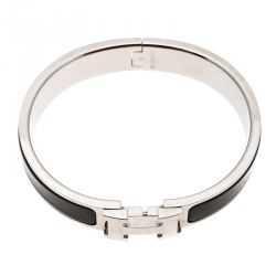 Pre Owned Hermes Clic Clac H Black Enamel Palladium Plated Narrow Bracelet PM