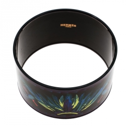 Pre Owned Hermes Multicolor Feather Printed Enamel Extra Wide Bangle Bracelet