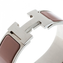 Pre Owned Hermes Clic Clac H Blush Pink Enamel Palladium Plated Wide Bracelet PM