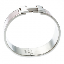 Pre Owned Hermes Clic Clac H Blush Pink Enamel Palladium Plated Wide Bracelet PM