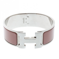 Pre Owned Hermes Clic Clac H Blush Pink Enamel Palladium Plated Wide Bracelet PM