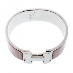 Pre Owned Hermes Clic Clac H Blush Pink Enamel Palladium Plated Wide Bracelet PM