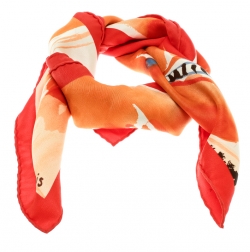 Pre Owned Hermes Orange Sur Les Rives Du Leman Printed Silk Square Scarf