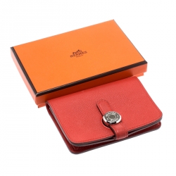 Pre Owned  حافظة بطاقات هيرمس دوغون معدن بالبلاديوم جلد توغو فيرميلون حمراء