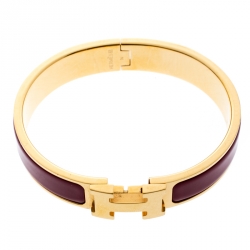 Pre Owned Hermes Clic Clac H Rouge de Chine Enamel Gold Plated Narrow Bracelet PM