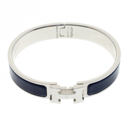 Pre Owned Hermes Clic Clac H Blue Indigo Enamel Palladium Plated Narrow Bracelet PM