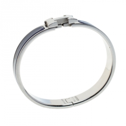 Pre Owned Hermes Clic Clac H Blue Indigo Enamel Palladium Plated Narrow Bracelet PM