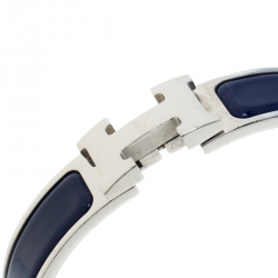 Pre Owned Hermes Clic Clac H Blue Indigo Enamel Palladium Plated Narrow Bracelet PM