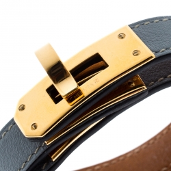 Pre Owned Hermes Kelly Double Tour Grey Leather Gold Plated Wrap Bracelet