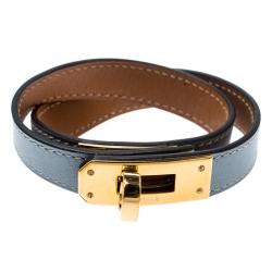 Pre Owned Hermes Kelly Double Tour Grey Leather Gold Plated Wrap Bracelet