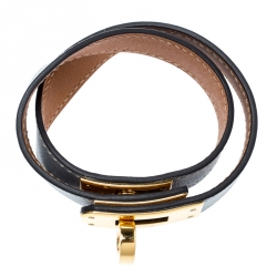 Pre Owned Hermes Kelly Double Tour Grey Leather Gold Plated Wrap Bracelet