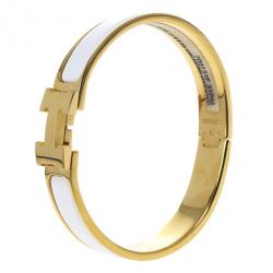 Pre Owned Hermes Clic Clac H White Enamel Gold Plated Bracelet