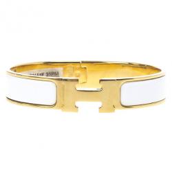 Pre Owned Hermes Clic Clac H White Enamel Gold Plated Bracelet