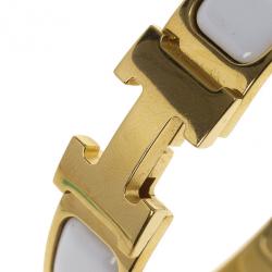 Pre Owned Hermes Clic Clac H White Enamel Gold Plated Bracelet