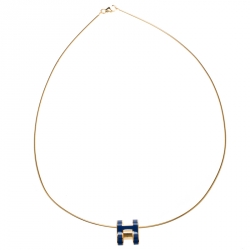 Pre Owned Hermes Pop H Royal Blue Lacquer Gold Plated Pendant Necklace