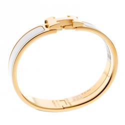 Pre Owned Hermes Clic Clac H White Enamel Gold Plated Narrow Bracelet PM