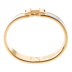 Pre Owned Hermes Clic Clac H White Enamel Gold Plated Narrow Bracelet PM