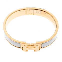 Pre Owned Hermes Clic Clac H White Enamel Gold Plated Narrow Bracelet PM